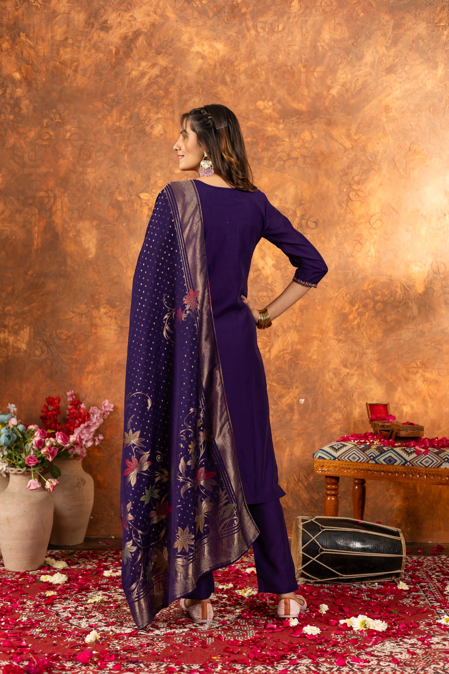 Lorenvalley Fashion Purple Marina Silk Multi Embroidery Thread with Hand work Kurta Pant Dupatta