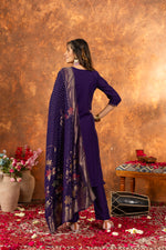 Thumbnail for Lorenvalley Fashion Purple Marina Silk Multi Embroidery Thread with Hand work Kurta Pant Dupatta