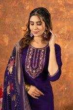 Thumbnail for Lorenvalley Fashion Purple Marina Silk Multi Embroidery Thread with Hand work Kurta Pant Dupatta