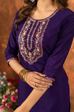 Thumbnail for Lorenvalley Fashion Purple Marina Silk Multi Embroidery Thread with Hand work Kurta Pant Dupatta