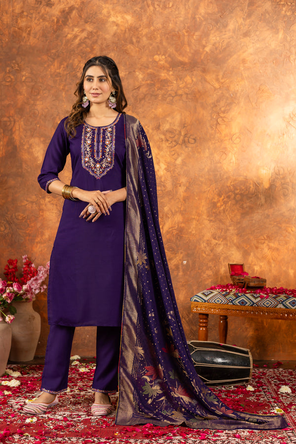 Lorenvalley Fashion Purple Marina Silk Multi Embroidery Thread with Hand work Kurta Pant Dupatta