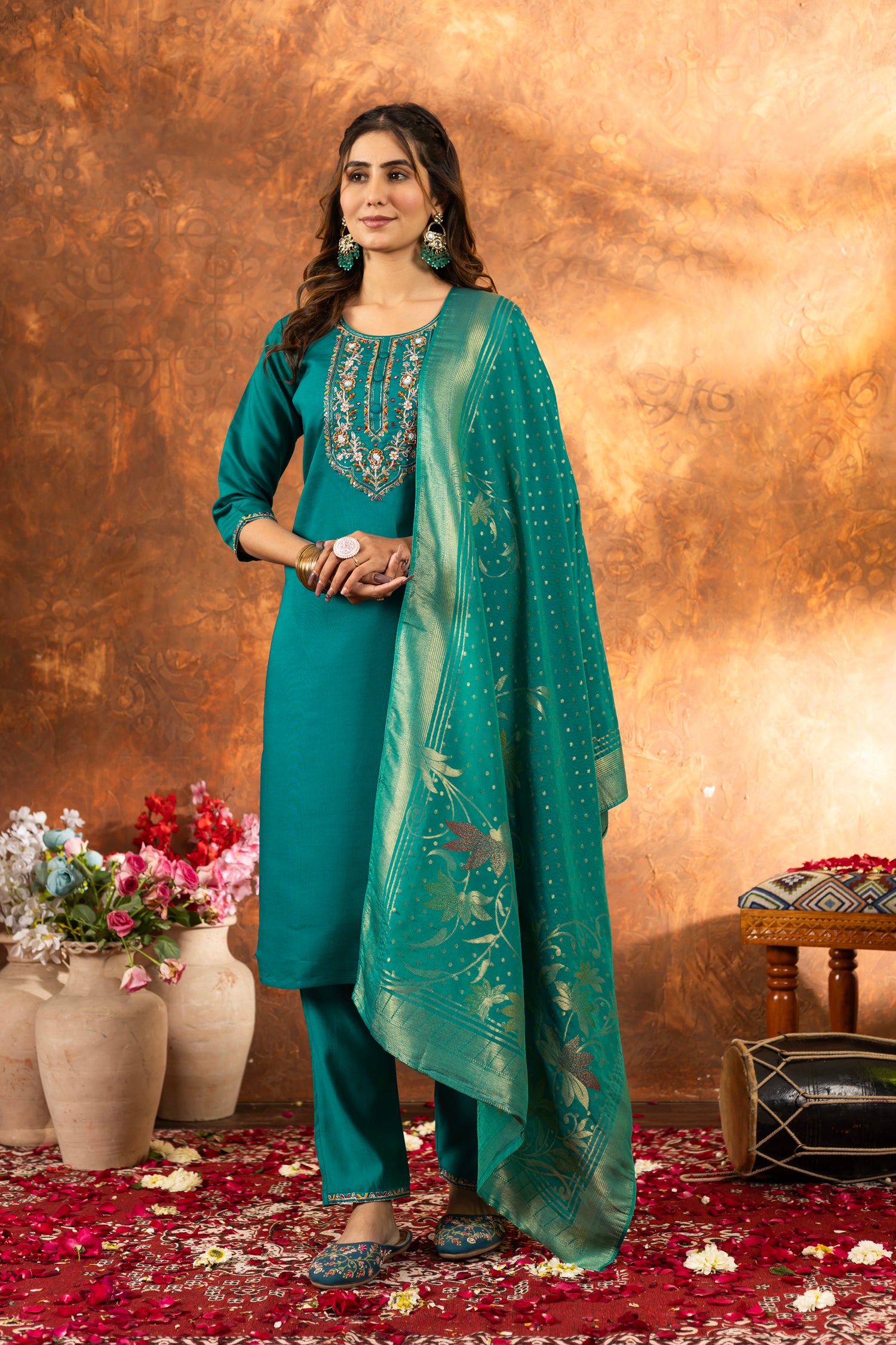 Lorenvalley Fashion Rama Marina Silk Multi Embroidery Thread with Hand work Kurta Pant Dupatta