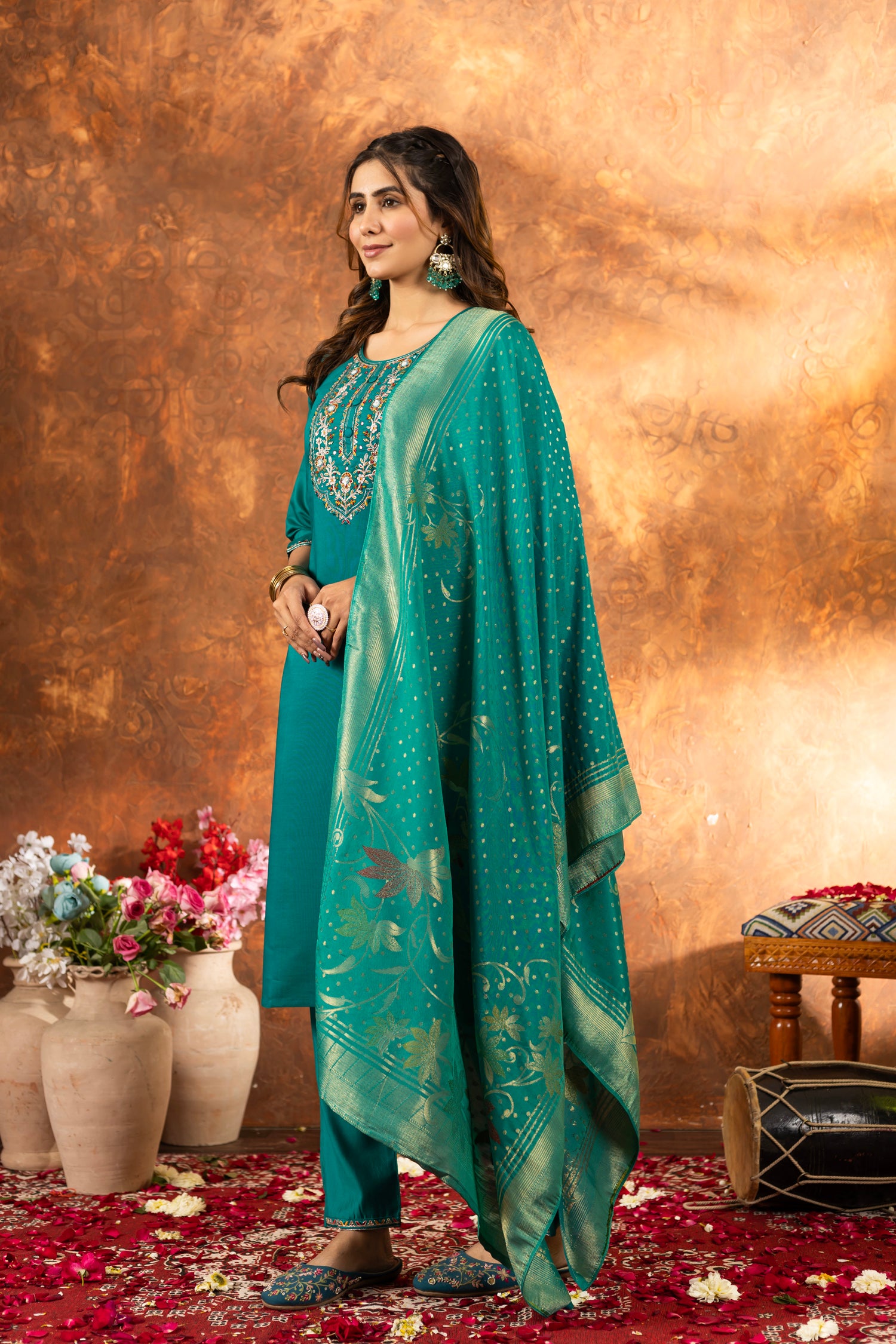 Lorenvalley Fashion Rama Marina Silk Multi Embroidery Thread with Hand work Kurta Pant Dupatta