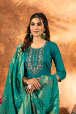 Thumbnail for Lorenvalley Fashion Rama Marina Silk Multi Embroidery Thread with Hand work Kurta Pant Dupatta