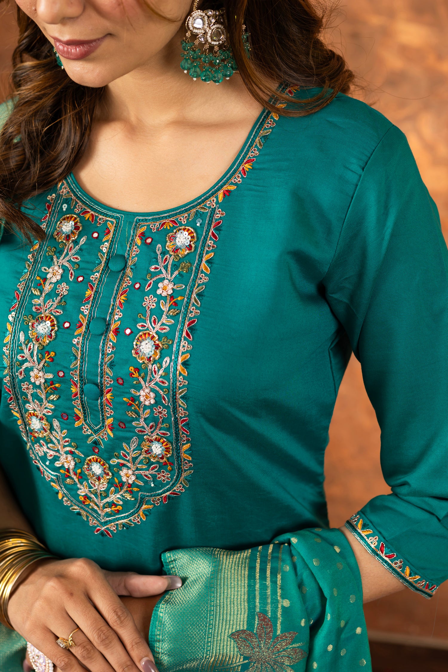Lorenvalley Fashion Rama Marina Silk Multi Embroidery Thread with Hand work Kurta Pant Dupatta