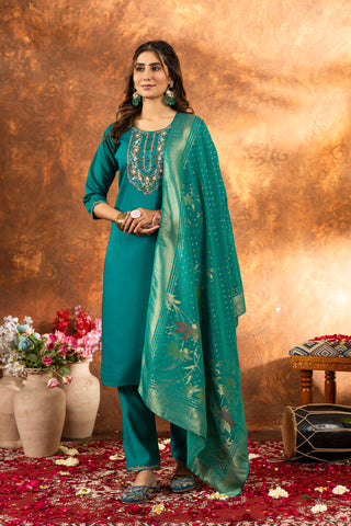Lorenvalley Fashion Rama Marina Silk Multi Embroidery Thread with Hand work Kurta Pant Dupatta