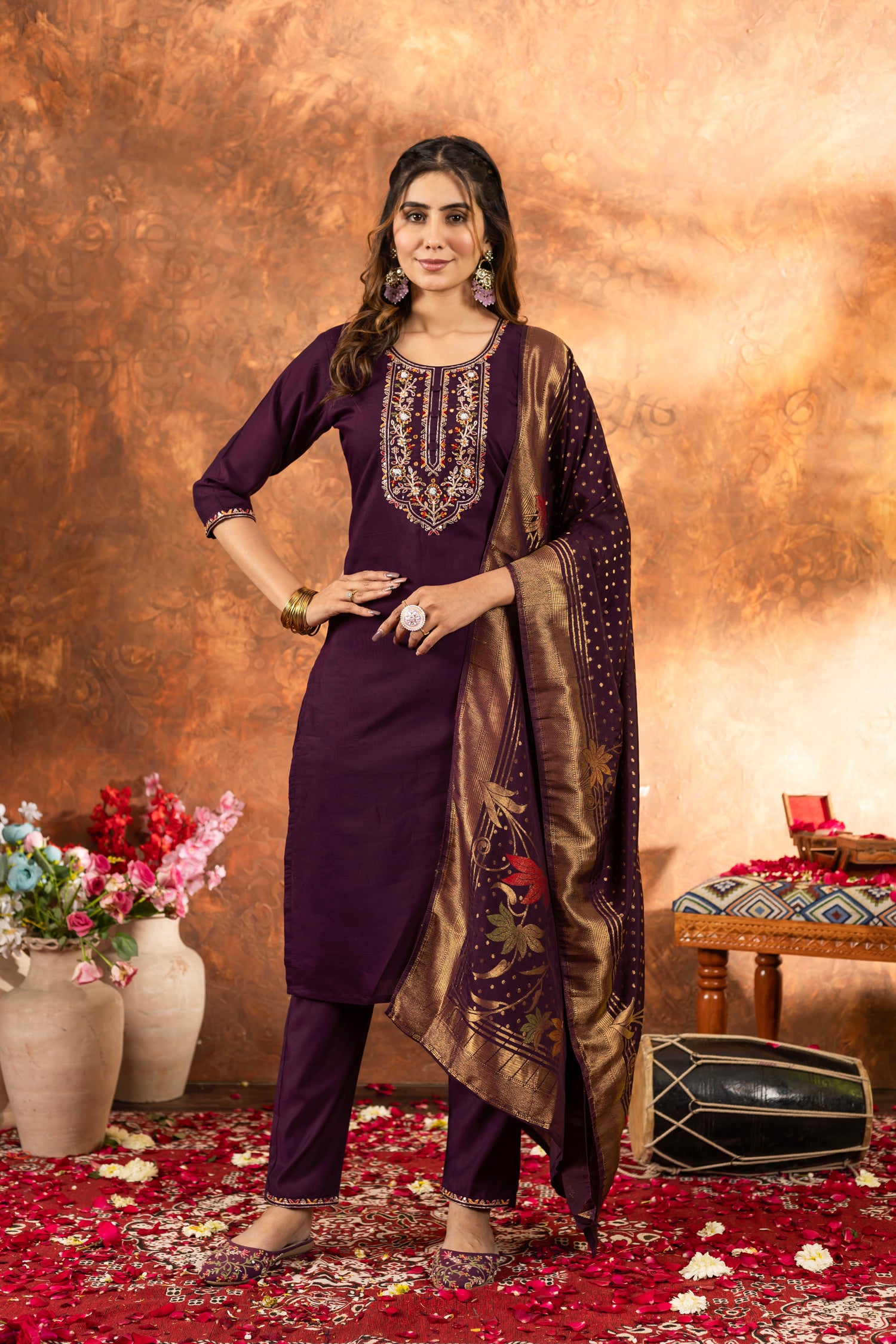 Lorenvalley Fashion Wine Marina Silk Multi Embroidery Thread with Hand work Kurta Pant Dupatta