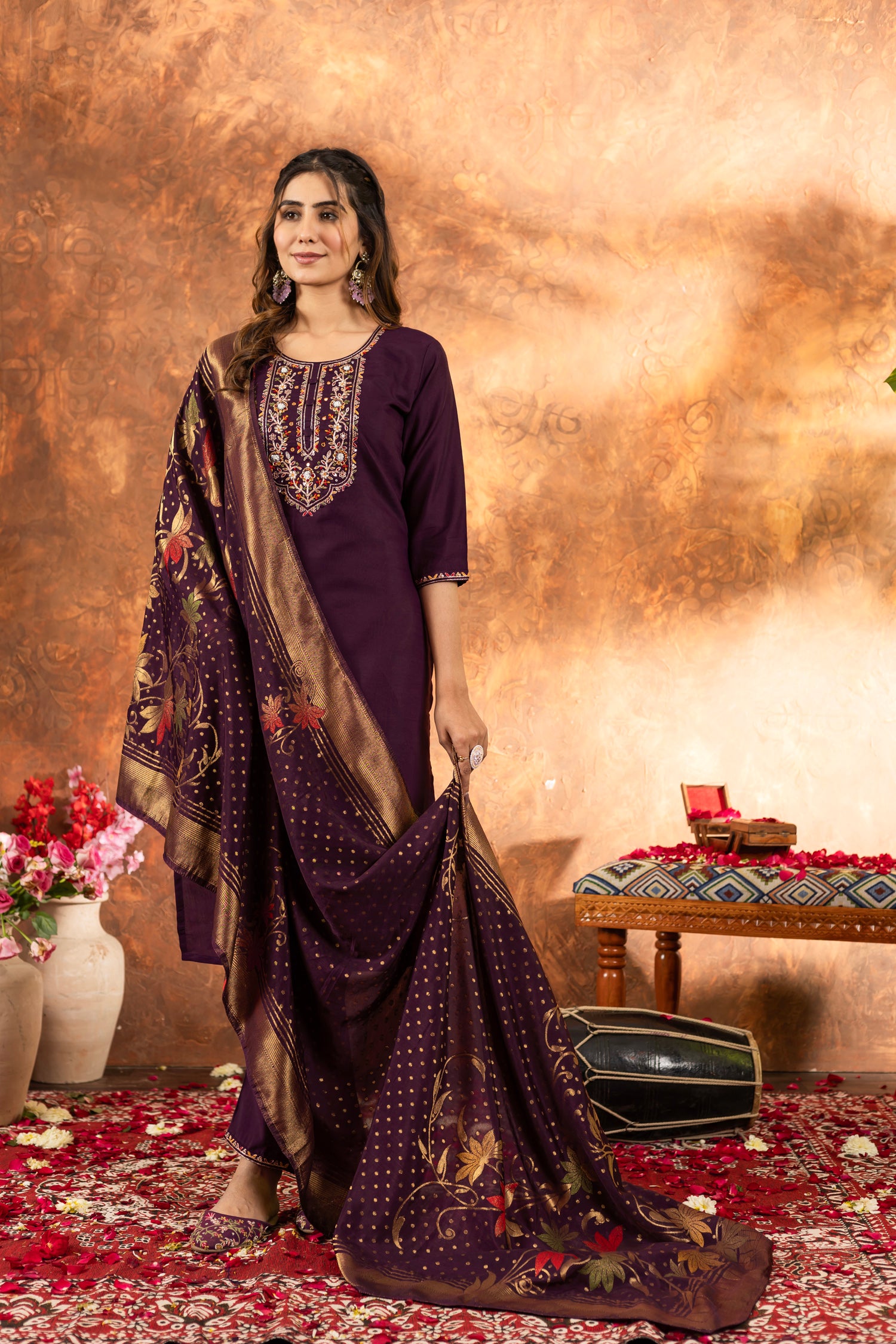Lorenvalley Fashion Wine Marina Silk Multi Embroidery Thread with Hand work Kurta Pant Dupatta