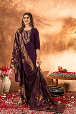 Thumbnail for Lorenvalley Fashion Wine Marina Silk Multi Embroidery Thread with Hand work Kurta Pant Dupatta