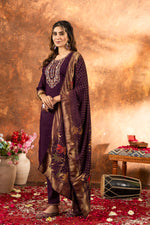 Thumbnail for Lorenvalley Fashion Wine Marina Silk Multi Embroidery Thread with Hand work Kurta Pant Dupatta