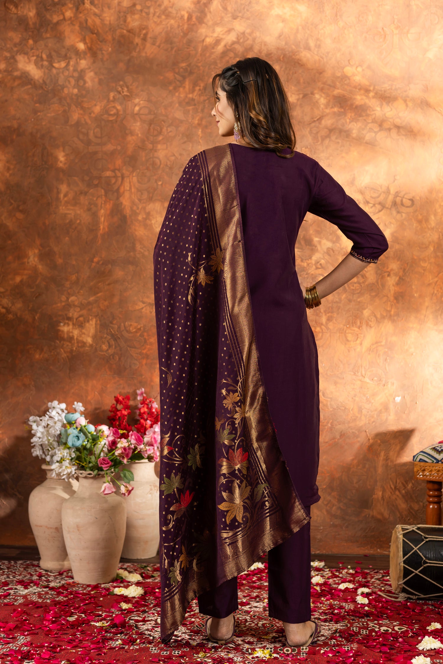 Lorenvalley Fashion Wine Marina Silk Multi Embroidery Thread with Hand work Kurta Pant Dupatta