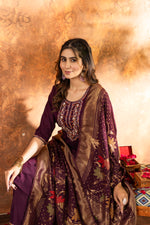 Thumbnail for Lorenvalley Fashion Wine Marina Silk Multi Embroidery Thread with Hand work Kurta Pant Dupatta