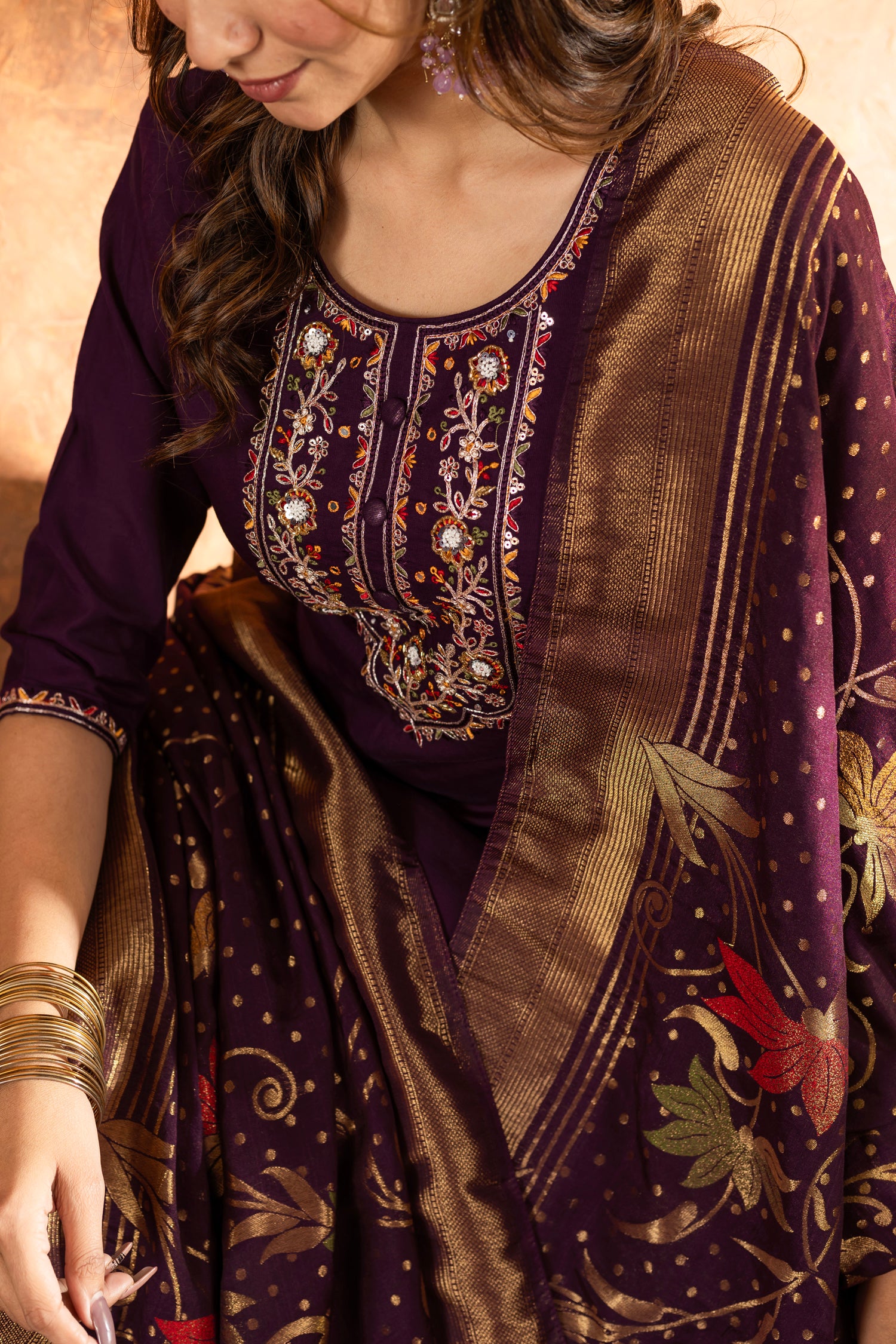 Lorenvalley Fashion Wine Marina Silk Multi Embroidery Thread with Hand work Kurta Pant Dupatta