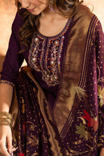 Thumbnail for Lorenvalley Fashion Wine Marina Silk Multi Embroidery Thread with Hand work Kurta Pant Dupatta
