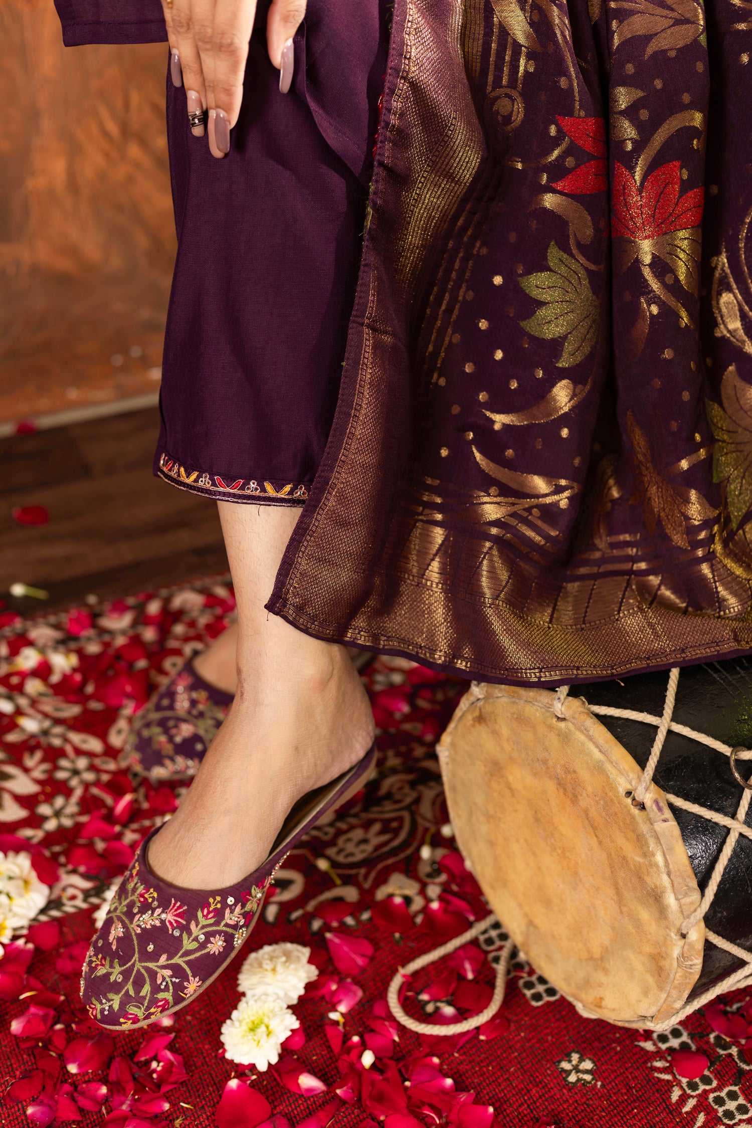 Lorenvalley Fashion Wine Marina Silk Multi Embroidery Thread with Hand work Kurta Pant Dupatta