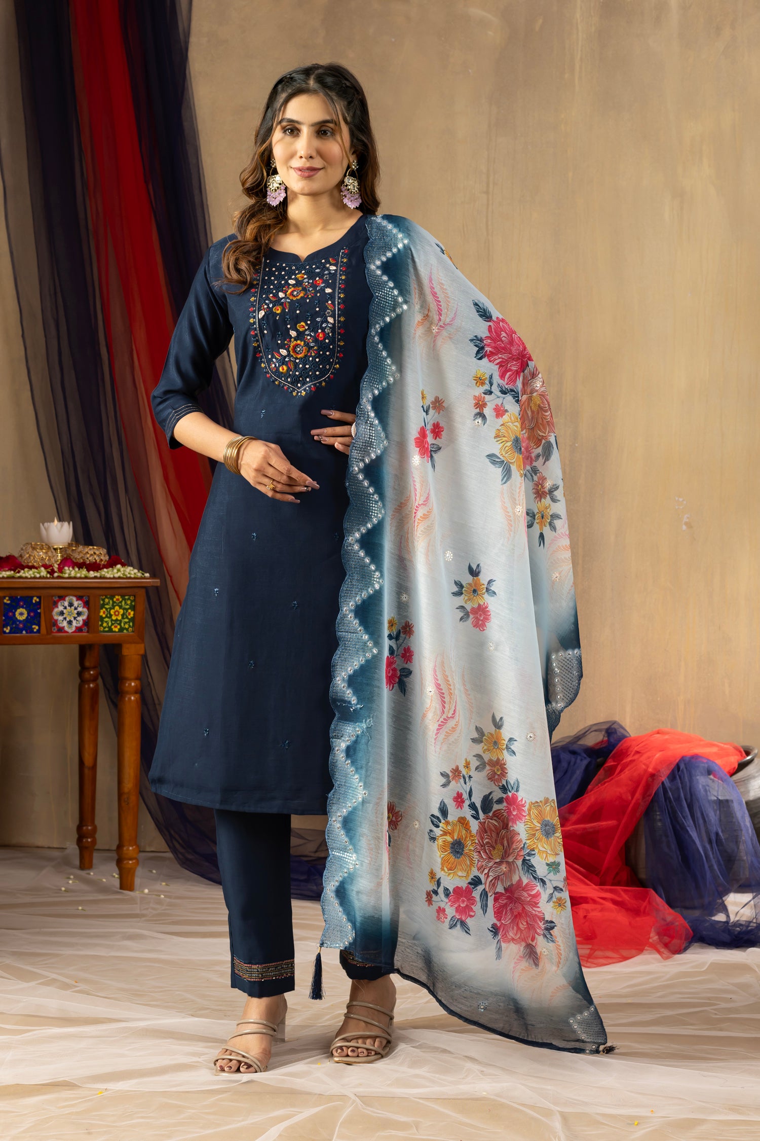 Lorenvalley Fashion Blue Viscose mango silk Multi Embroidery Thread with Hand Work Kurta Pant Dupatta
