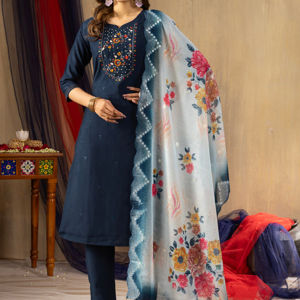 Lorenvalley Fashion Blue Viscose mango silk Multi Embroidery Thread with Hand Work Kurta Pant Dupatta - Distacart