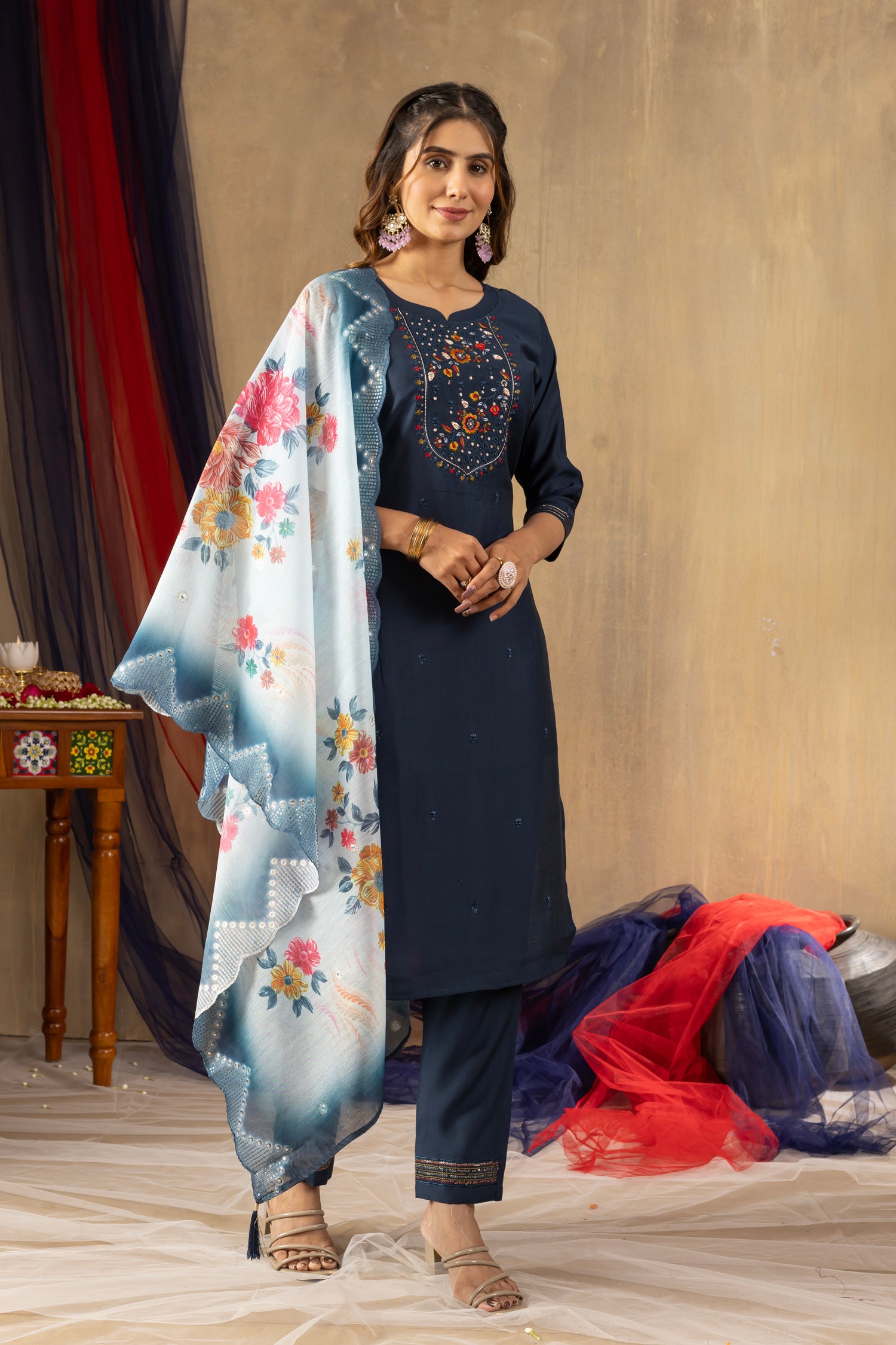 Lorenvalley Fashion Blue Viscose mango silk Multi Embroidery Thread with Hand Work Kurta Pant Dupatta