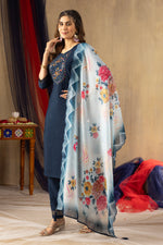 Thumbnail for Lorenvalley Fashion Blue Viscose mango silk Multi Embroidery Thread with Hand Work Kurta Pant Dupatta