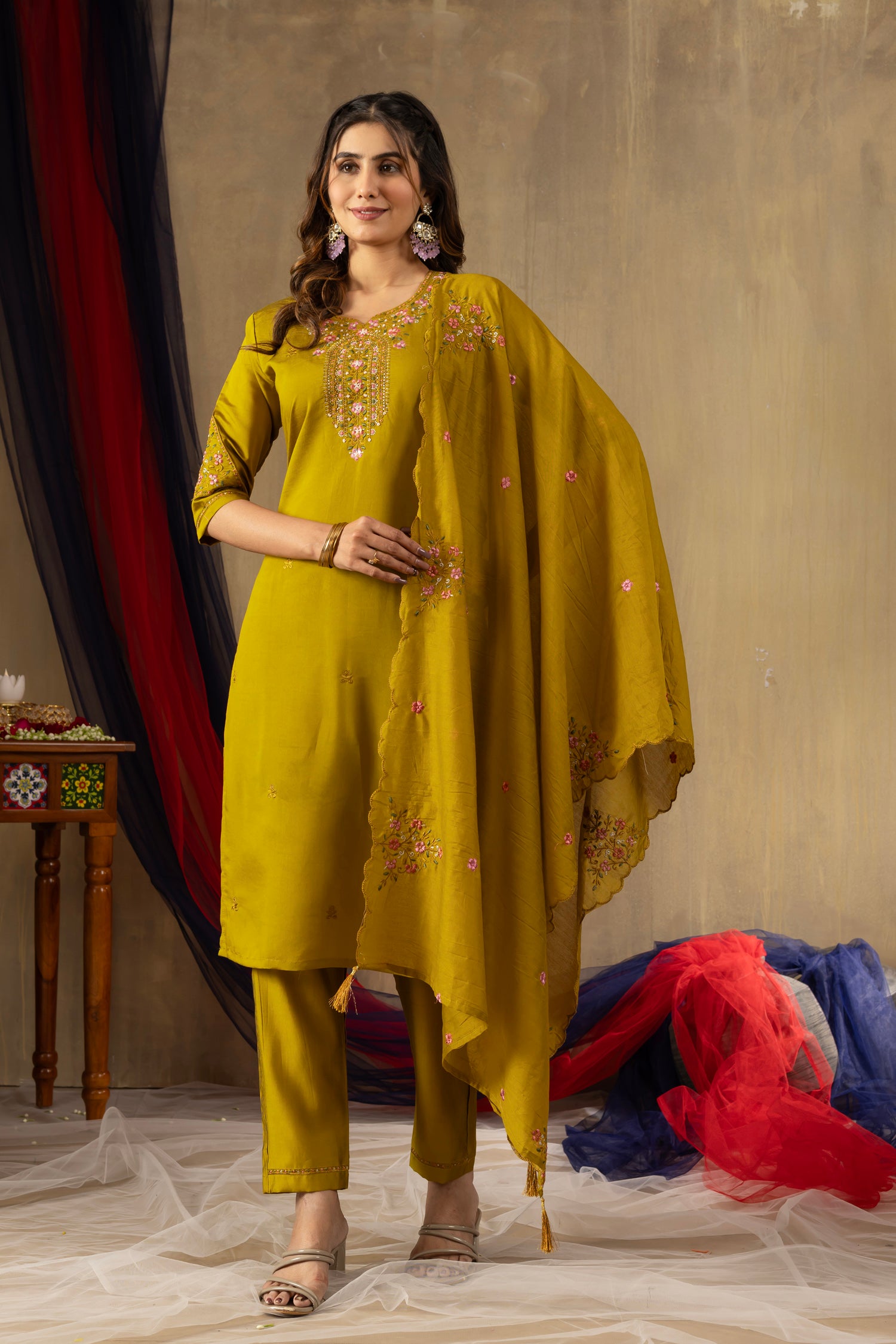 Lorenvalley Fashion Mustard Roman Silk Embroidery Sequins with Hand work Kurta Pant Dupatta