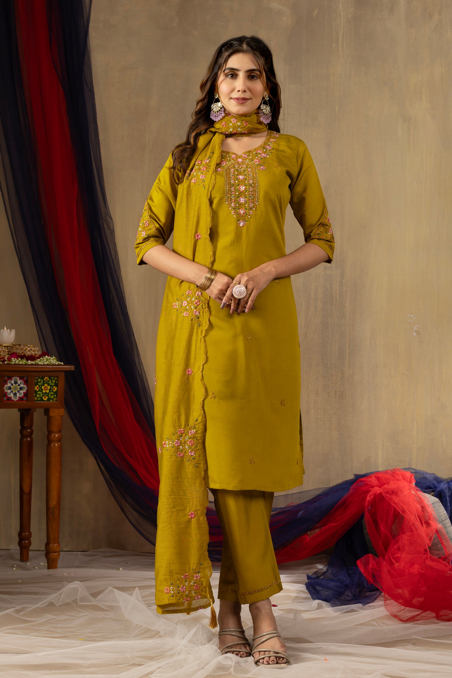 Lorenvalley Fashion Mustard Roman Silk Embroidery Sequins with Hand work Kurta Pant Dupatta