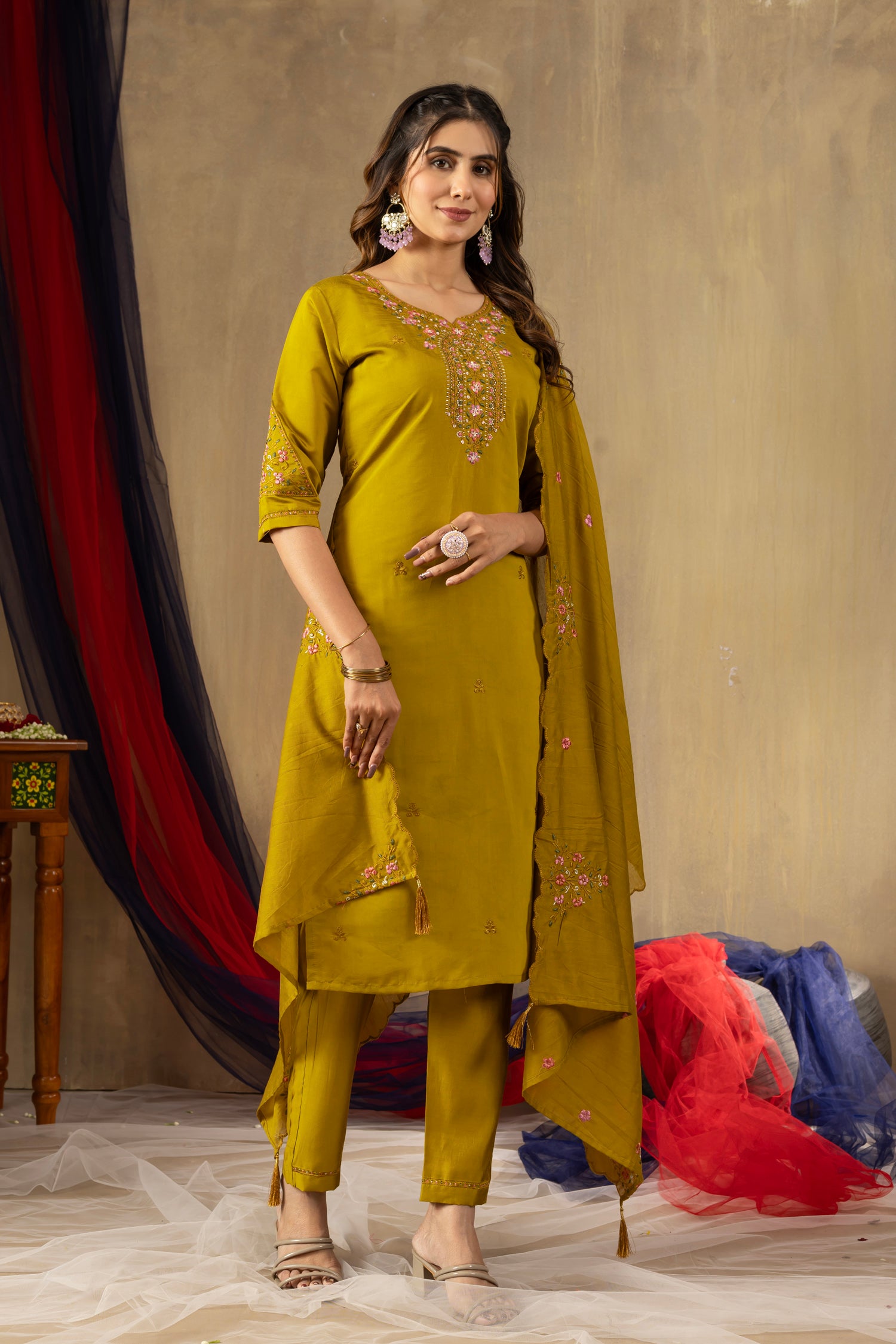 Lorenvalley Fashion Mustard Roman Silk Embroidery Sequins with Hand work Kurta Pant Dupatta