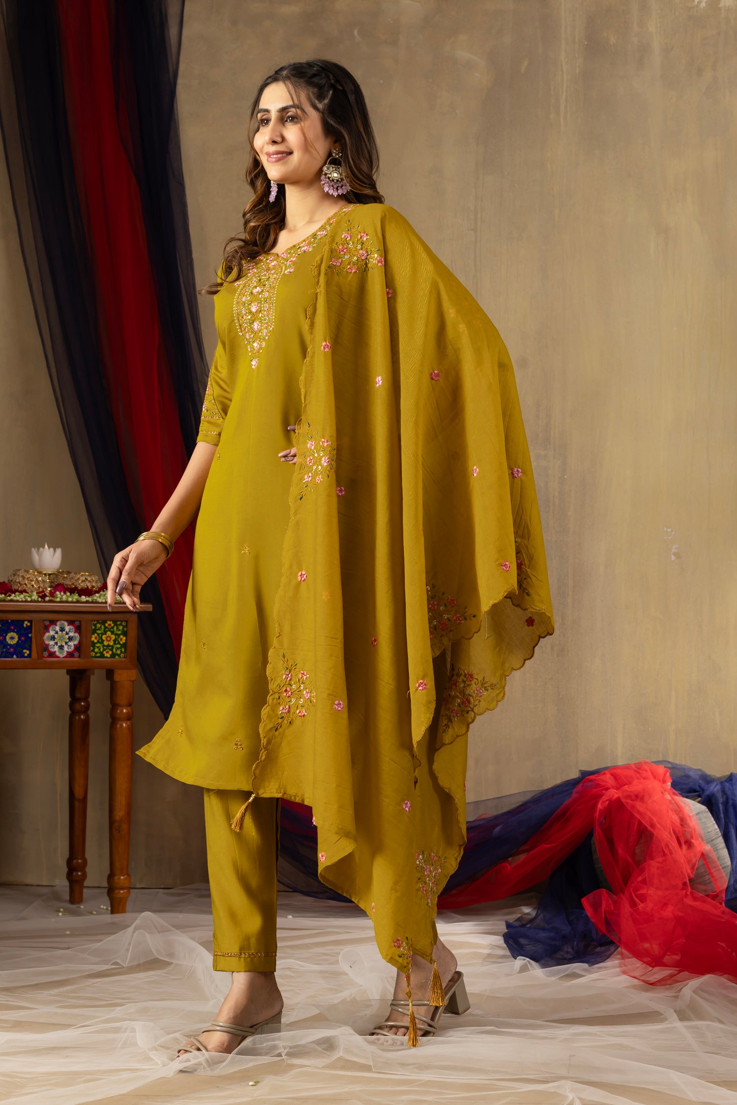 Lorenvalley Fashion Mustard Roman Silk Embroidery Sequins with Hand work Kurta Pant Dupatta