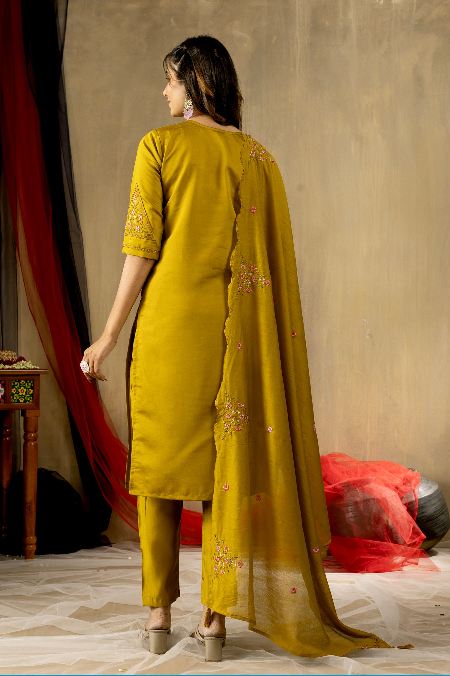 Lorenvalley Fashion Mustard Roman Silk Embroidery Sequins with Hand work Kurta Pant Dupatta