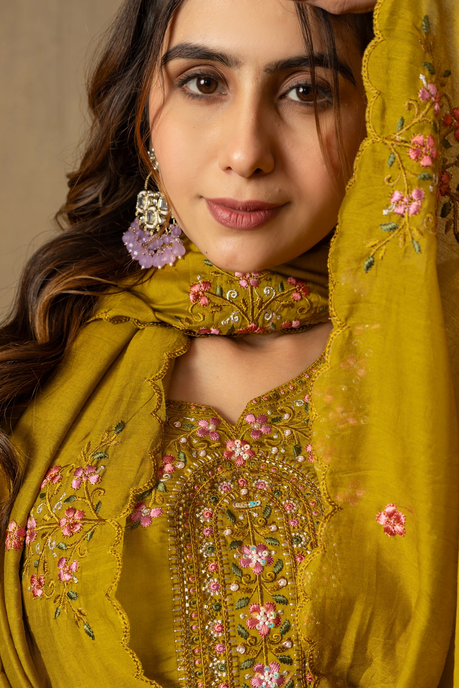 Lorenvalley Fashion Mustard Roman Silk Embroidery Sequins with Hand work Kurta Pant Dupatta
