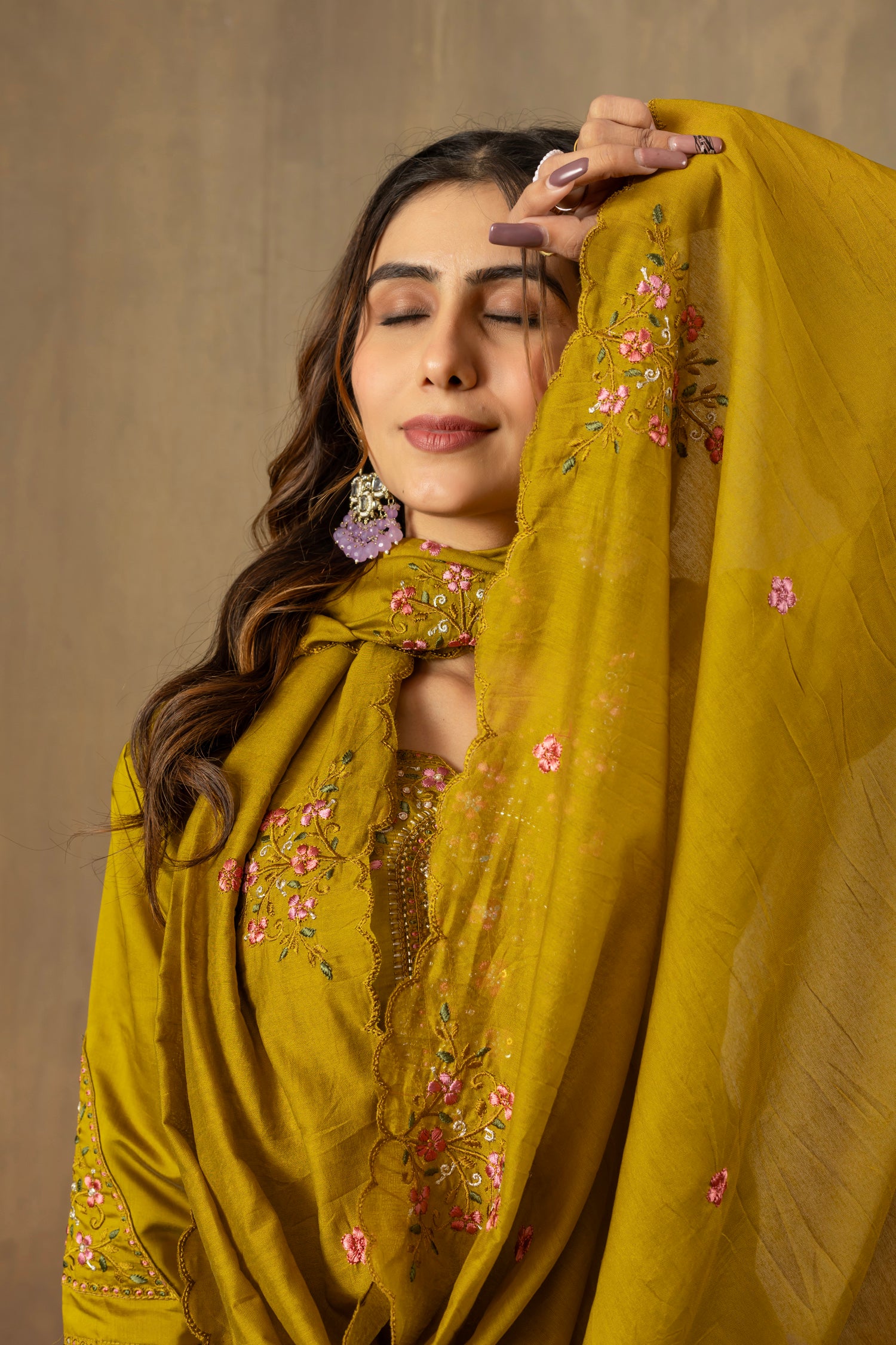 Lorenvalley Fashion Mustard Roman Silk Embroidery Sequins with Hand work Kurta Pant Dupatta