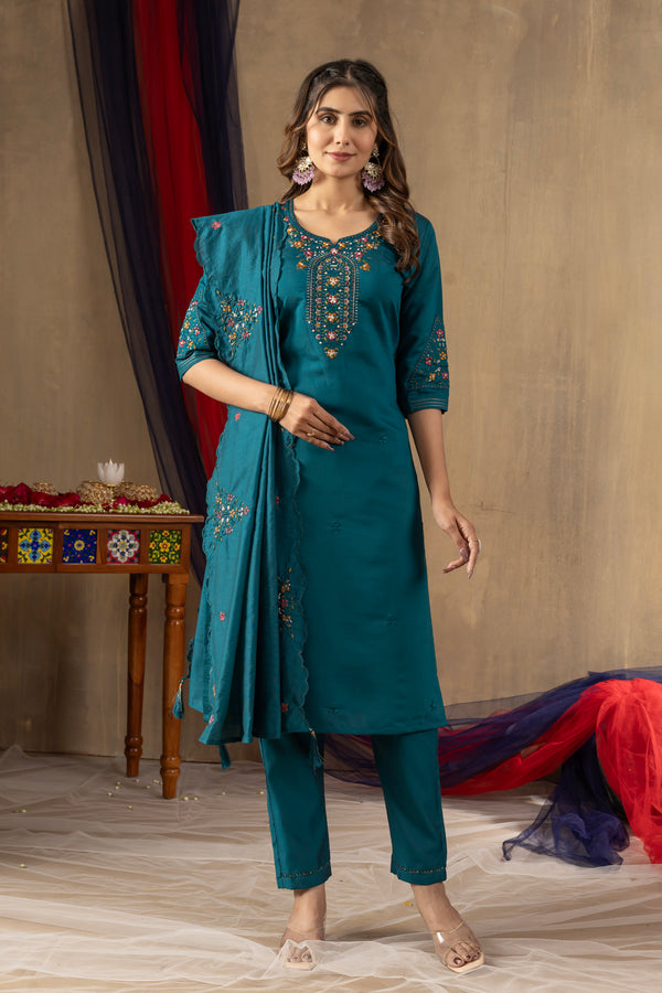 Lorenvalley Fashion Rama Roman Silk Embroidery Sequins with Hand work Kurta Pant Dupatta