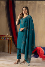 Thumbnail for Lorenvalley Fashion Rama Roman Silk Embroidery Sequins with Hand work Kurta Pant Dupatta