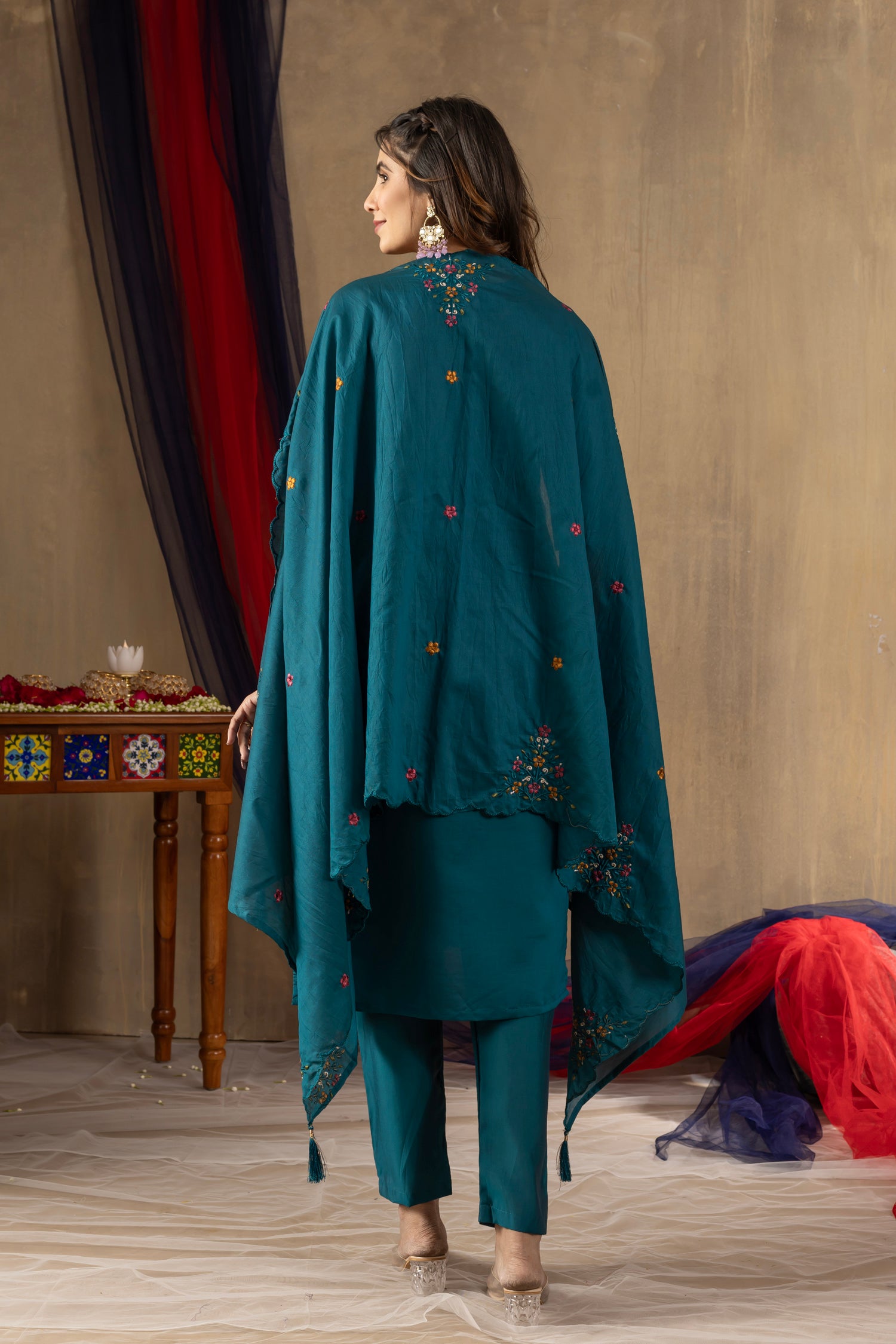 Lorenvalley Fashion Rama Roman Silk Embroidery Sequins with Hand work Kurta Pant Dupatta