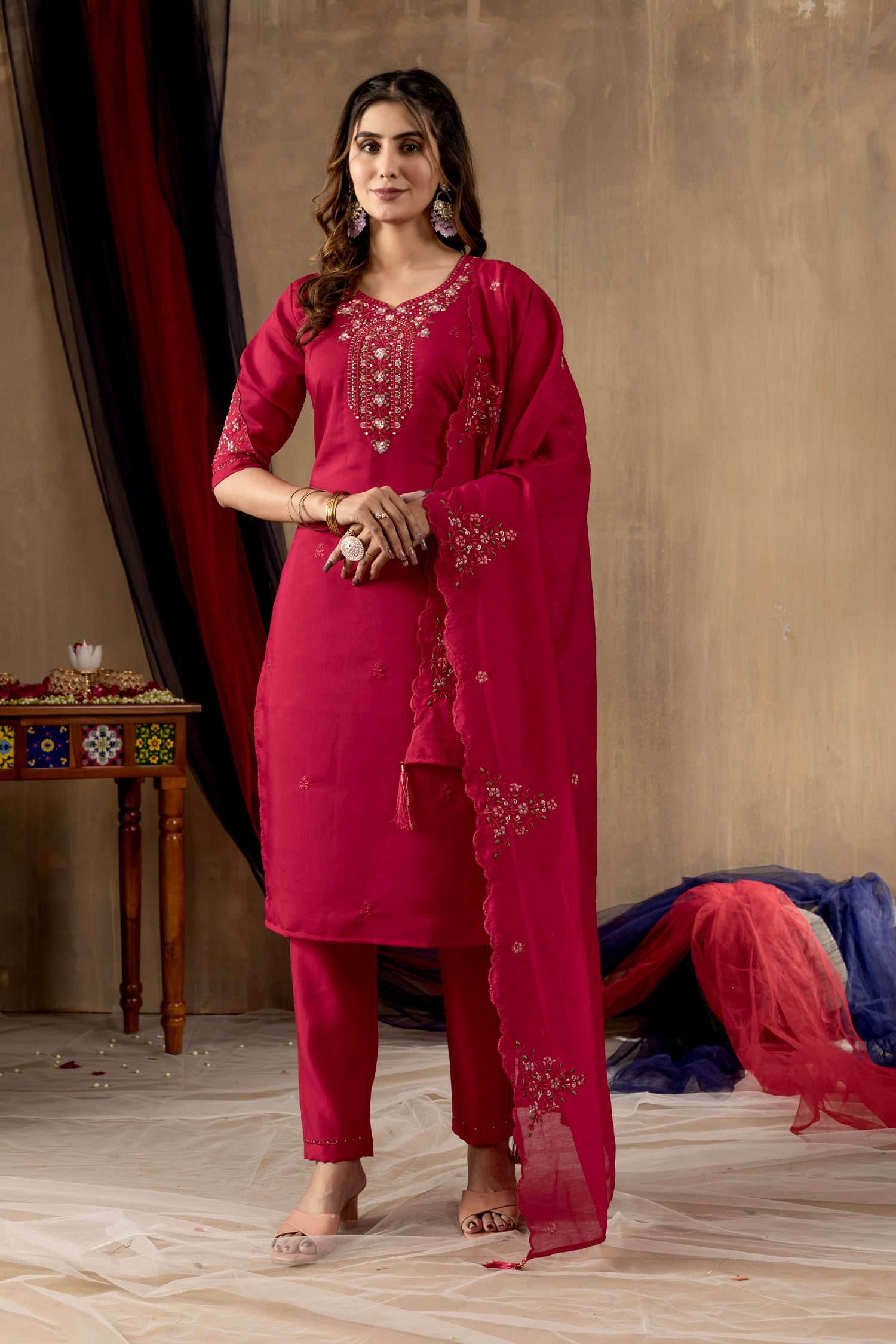 Lorenvalley Fashion Ranipink Roman Silk Embroidery Sequins with Hand work Kurta Pant Dupatta