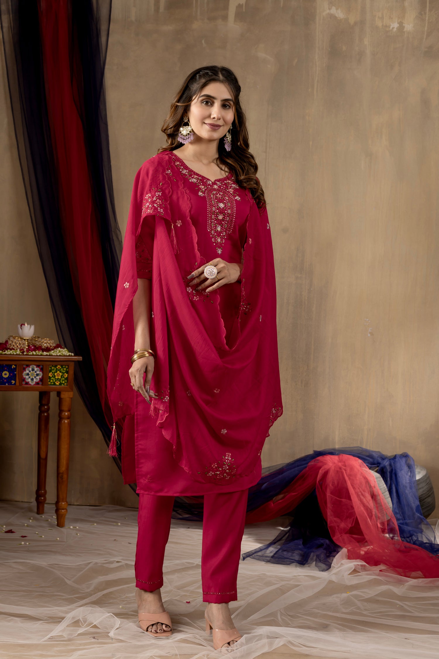 Lorenvalley Fashion Ranipink Roman Silk Embroidery Sequins with Hand work Kurta Pant Dupatta