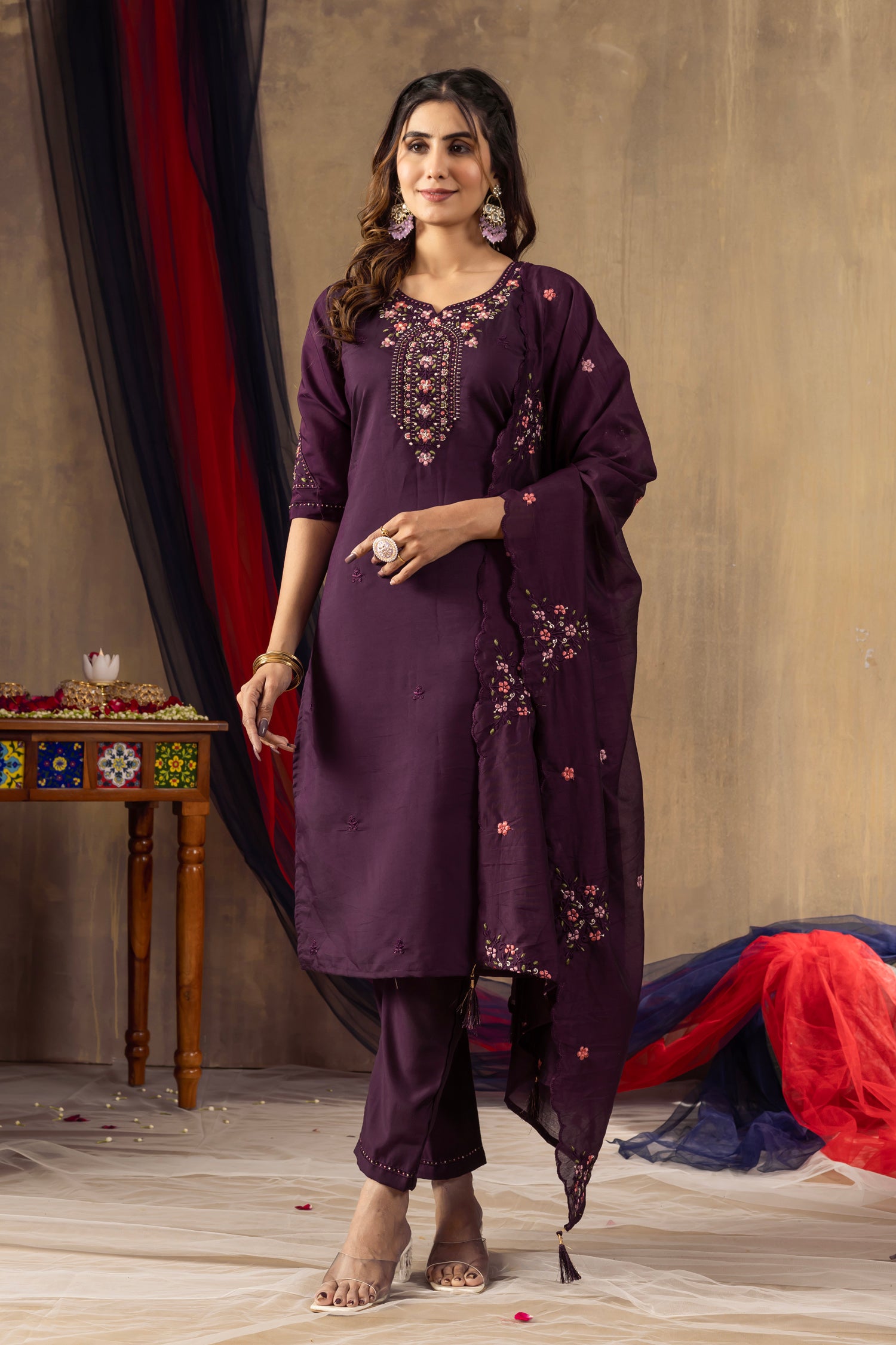 Lorenvalley Fashion Wine Roman Silk Embroidery Sequins with Hand work Kurta Pant Dupatta