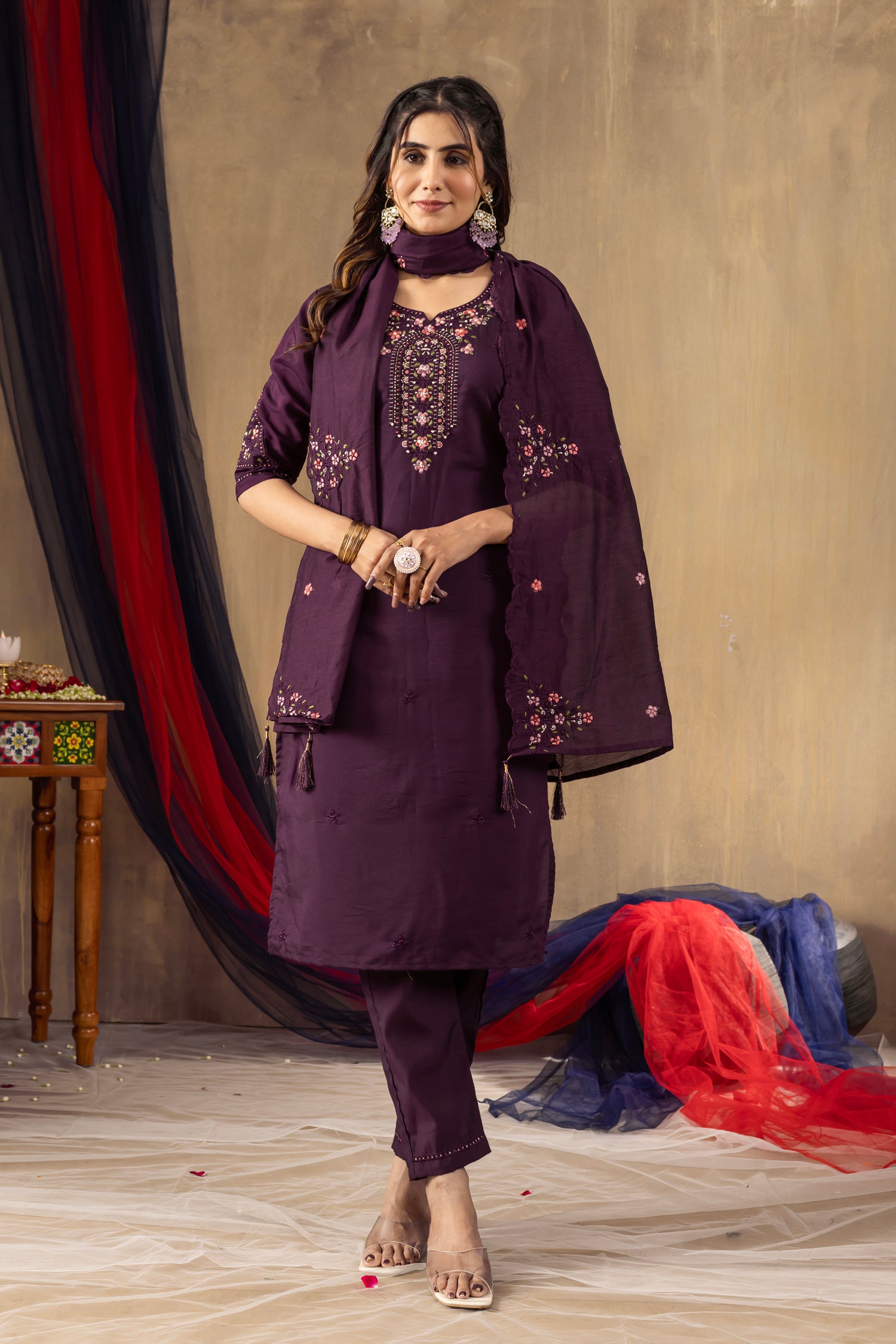 Lorenvalley Fashion Wine Roman Silk Embroidery Sequins with Hand work Kurta Pant Dupatta