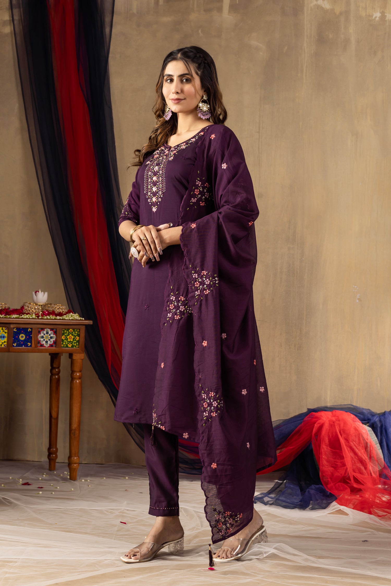 Lorenvalley Fashion Wine Roman Silk Embroidery Sequins with Hand work Kurta Pant Dupatta