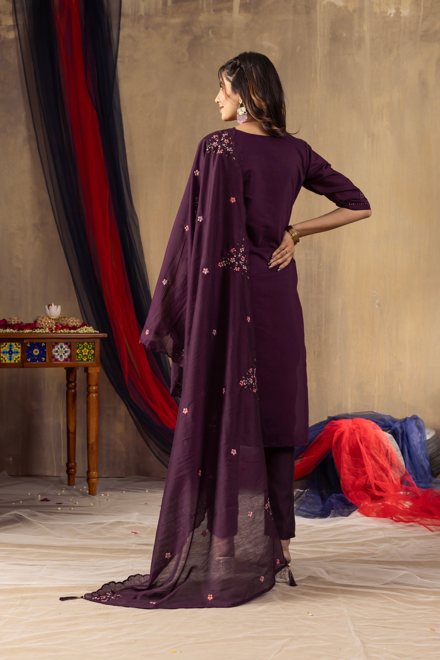 Lorenvalley Fashion Wine Roman Silk Embroidery Sequins with Hand work Kurta Pant Dupatta