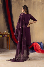 Thumbnail for Lorenvalley Fashion Wine Roman Silk Embroidery Sequins with Hand work Kurta Pant Dupatta