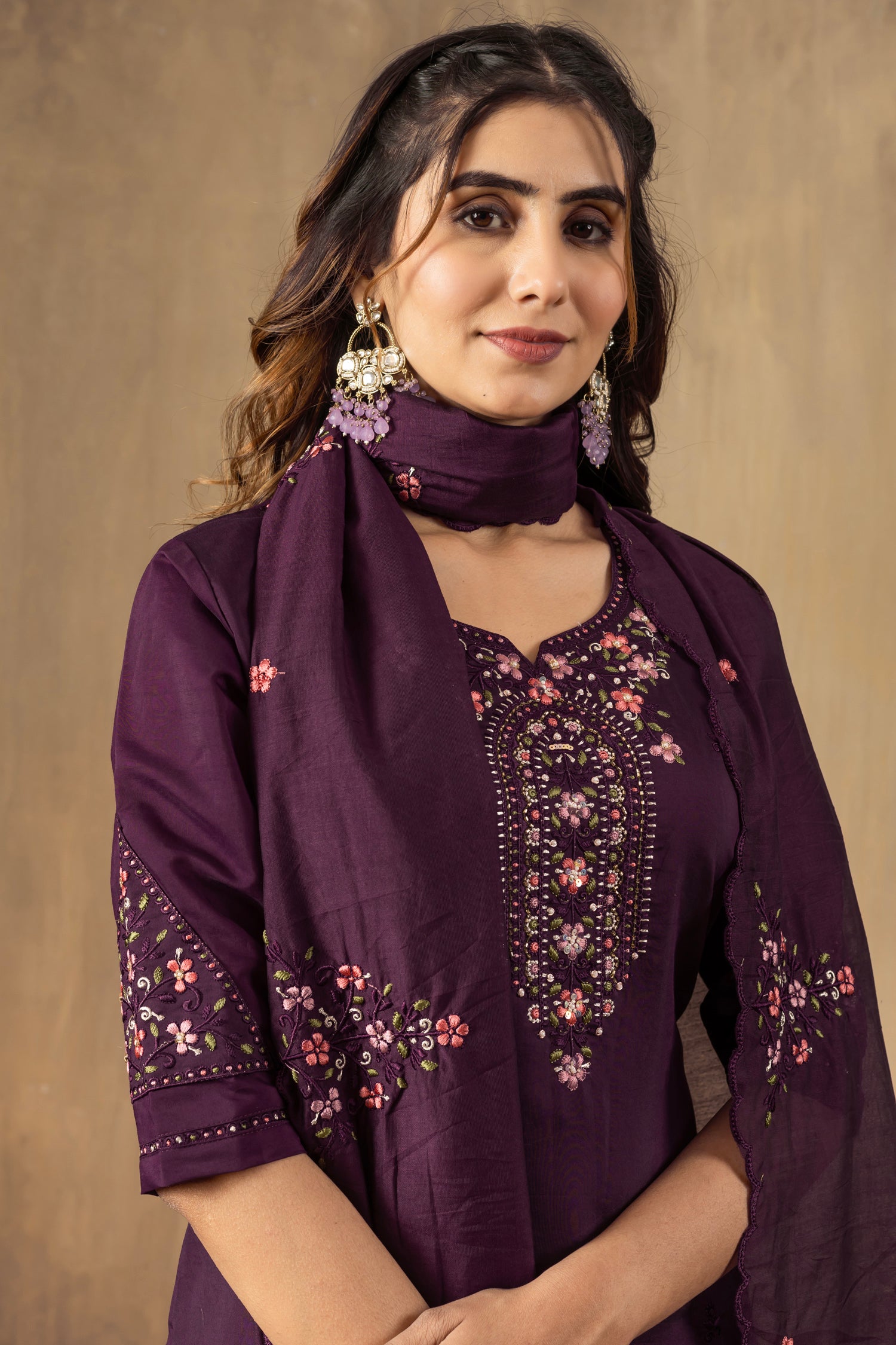 Lorenvalley Fashion Wine Roman Silk Embroidery Sequins with Hand work Kurta Pant Dupatta