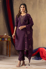 Thumbnail for Lorenvalley Fashion Wine Roman Silk Embroidery Sequins with Hand work Kurta Pant Dupatta
