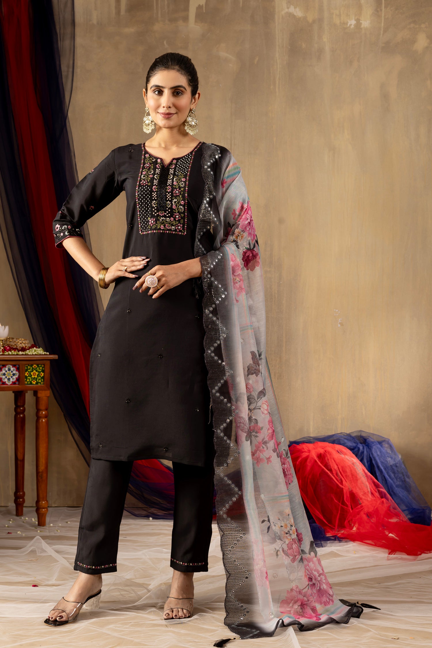Lorenvalley Fashion Black Roman Silk Embroidery Sequins with Hand work Kurta Pant Dupatta