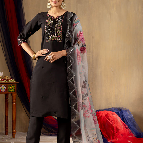 Lorenvalley Fashion Black Roman Silk Embroidery Sequins with Hand work Kurta Pant Dupatta - Distacart