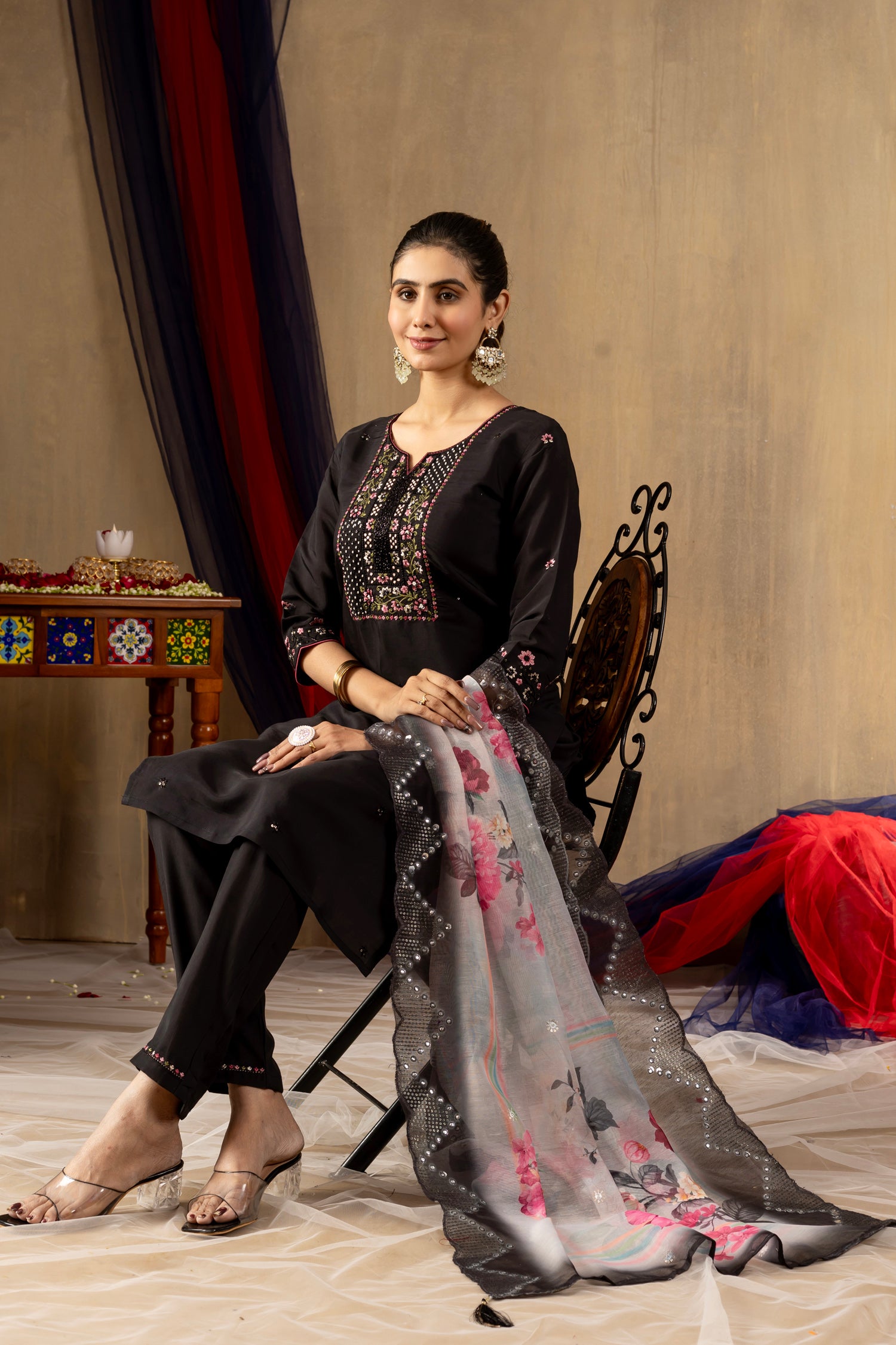 Lorenvalley Fashion Black Roman Silk Embroidery Sequins with Hand work Kurta Pant Dupatta