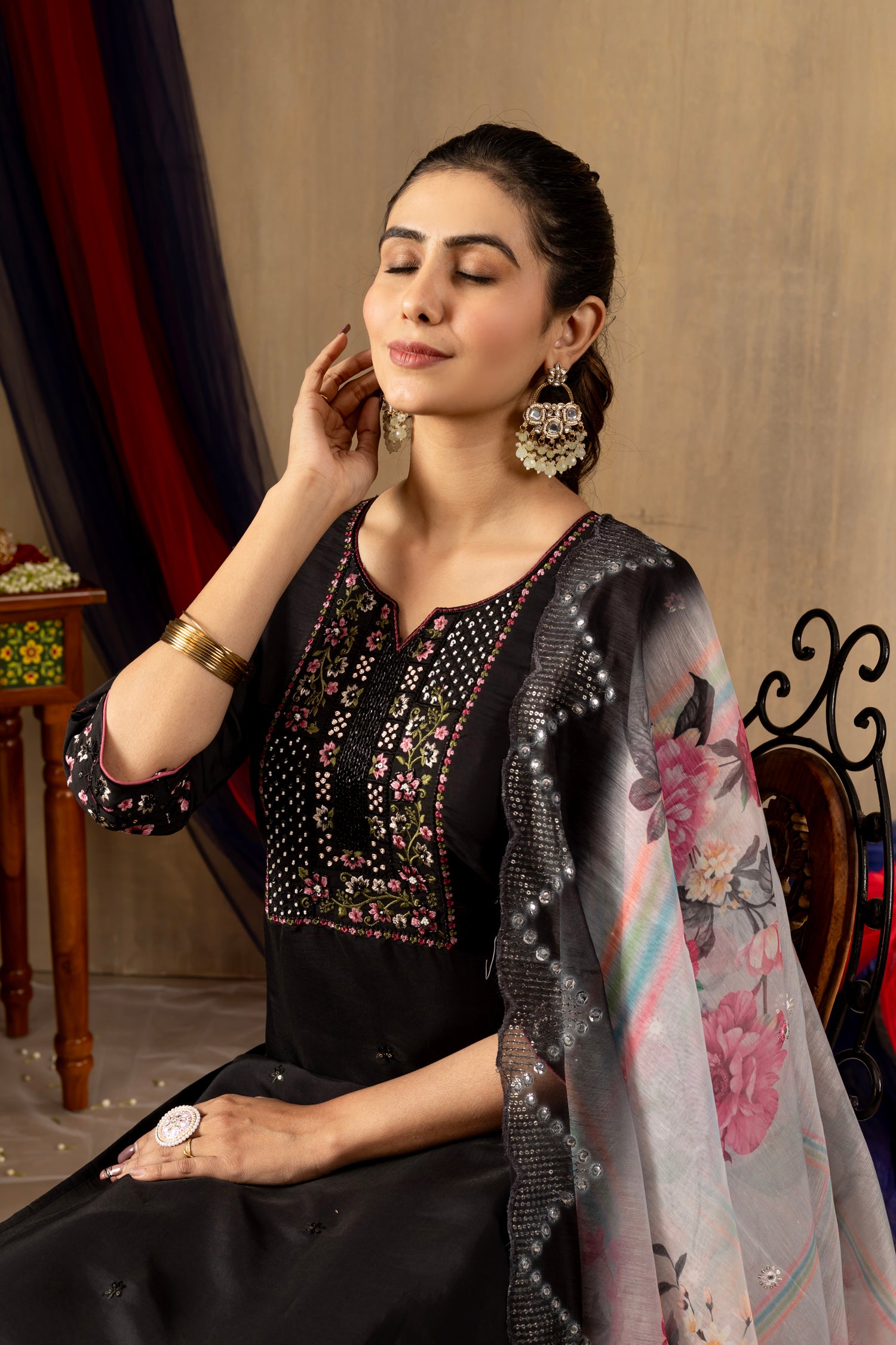 Lorenvalley Fashion Black Roman Silk Embroidery Sequins with Hand work Kurta Pant Dupatta