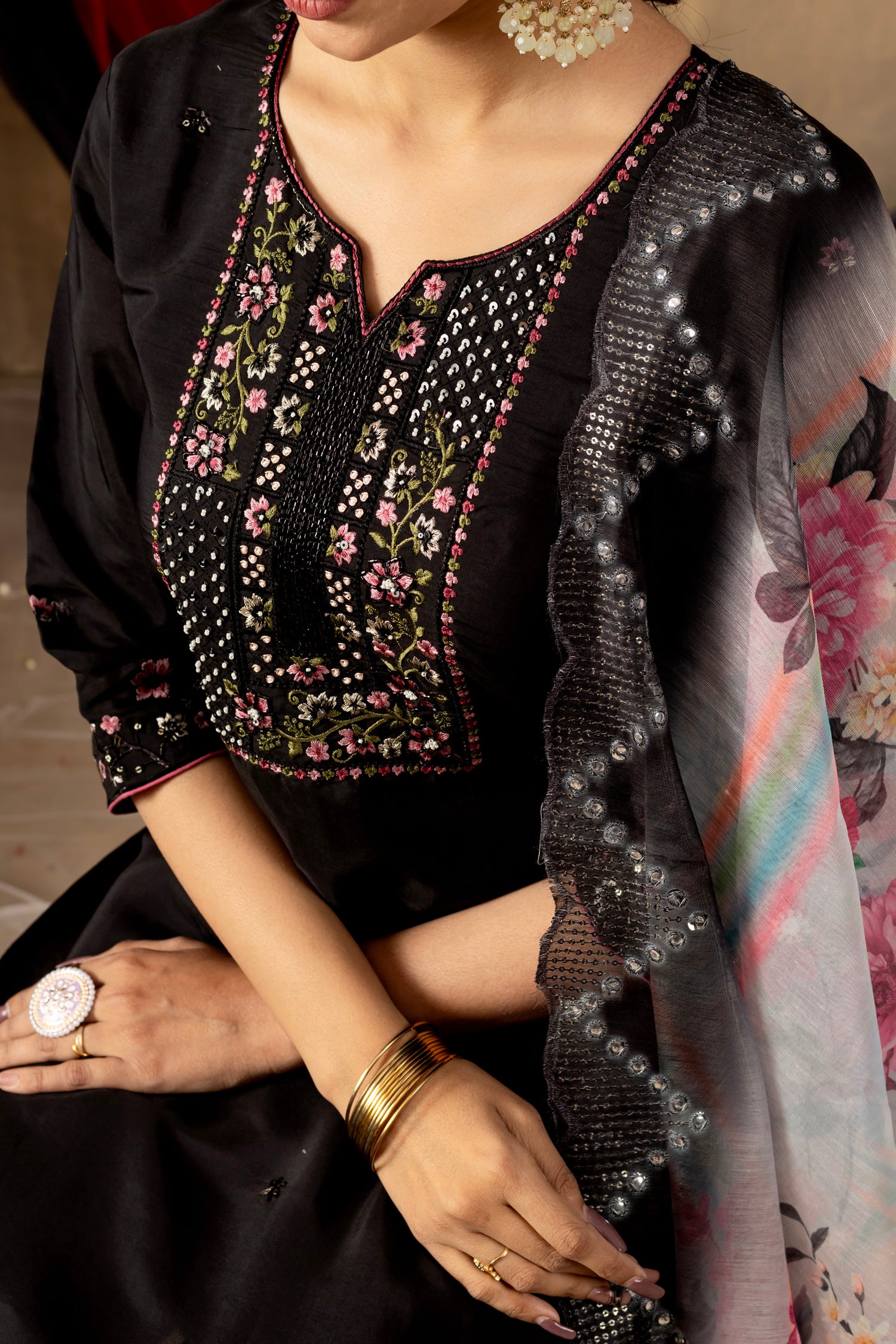 Lorenvalley Fashion Black Roman Silk Embroidery Sequins with Hand work Kurta Pant Dupatta