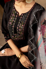 Thumbnail for Lorenvalley Fashion Black Roman Silk Embroidery Sequins with Hand work Kurta Pant Dupatta