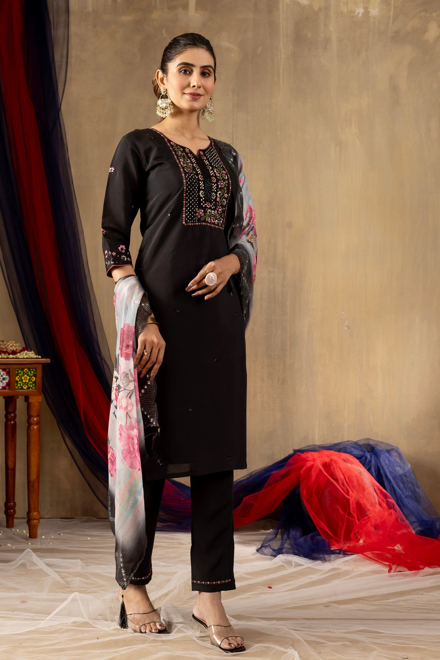 Lorenvalley Fashion Black Roman Silk Embroidery Sequins with Hand work Kurta Pant Dupatta
