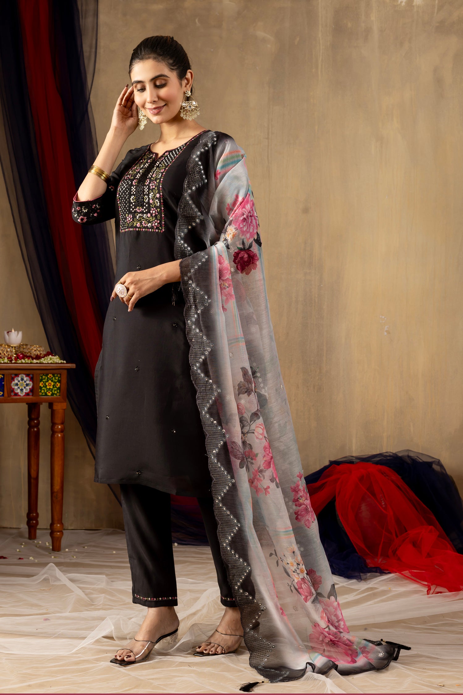 Lorenvalley Fashion Black Roman Silk Embroidery Sequins with Hand work Kurta Pant Dupatta